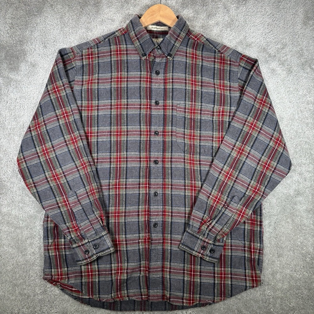 LL Bean Shirt Mens M Gray Red Scotch Plaid Flannel Traditional Fit Long Sleeve